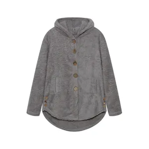 Detail view of cozy gray fleece hooded cardigan with wooden buttons and curved hem design.