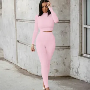 Women Pink Long Sleeve Crop Top And Leggings Two Piece Set Casual Workout Activewear Suit