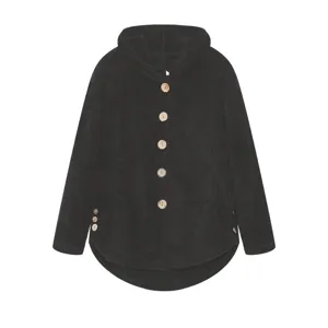 Women's Black Fleece Hooded Cardigan Coat with Large Wooden Buttons Casual Outerwear