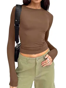 Καφέ στενό τοπ με μακριά μανίκια, casual βασικό t-shirt με στρογγυλή λαιμόκοψη για γυναίκες.