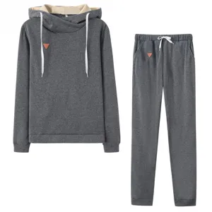 Detailed view of grey fleece hooded sweatshirt and sweatpants casual sportswear set.