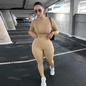 Khaki long sleeve crop top and leggings two piece set, casual slim fit sportswear outfit.