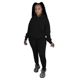 Damen einfarbig Fleece zweiteiliger Kapuzenpullover und Jogginghose Trainingsanzug Set.