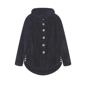 Dark blue fuzzy fleece hooded sweatshirt, winter warm button-up jacket with wooden buttons.