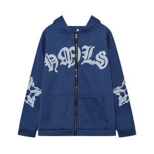 Blauer Kapuzenpullover mit Reißverschluss für Damen im Streetwear-Stil mit Gothic-Print.
