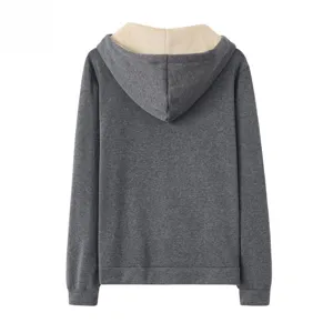 Back view of a casual fleece-lined hooded sweatshirt in dark grey with cozy interior.