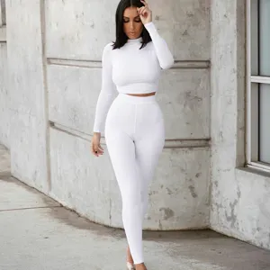 Women casual two piece set long sleeve crop top and leggings activewear outfit detail view