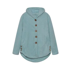 Mint Green Fleece Hooded Jacket with Wooden Buttons Casual Fuzzy Coat for Women