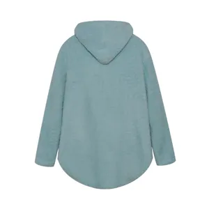 Detail view of light blue plush hoodie back, soft fleece fabric and cozy hooded design