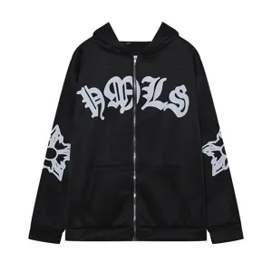 Schwarzer Damen Kapuzenpullover Streetwear Reißverschluss Hoodie mit Gothic Buchstaben