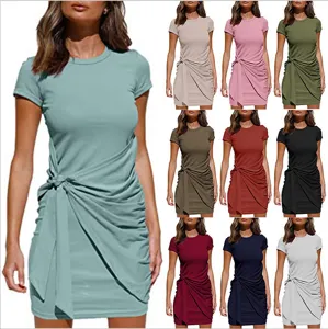 Short sleeve crewneck ruched bow waist irregular mini dress variant detail showcase.