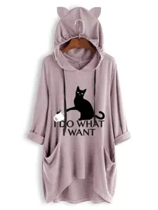 Casual oversized knit hoodie with cute cat ears hood and stylish front graphic print design.
