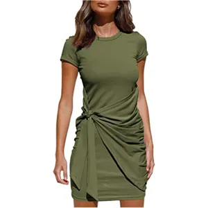 Army green short sleeve round neck ruched side knot mini dress for women daily casual wear