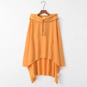 Solid color long hooded sweatshirt featuring drawstring, kangaroo pocket, and high-low hem.