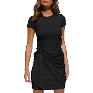 Women short sleeve crewneck ruched dress with side bow belt irregular hem casual style