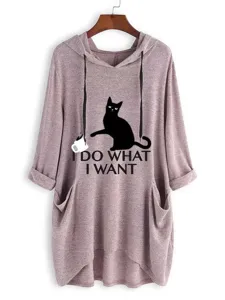 Loose fit women casual hooded long sleeve knit pullover sweatshirt with cute cat graphic.
