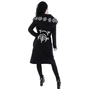 Punk gothic μαύρο μακρυμάνικο φούτερ ζακέτα με κουκούλα και εντυπωσιακή στάμπα.