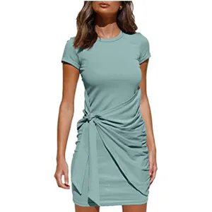 Women short sleeve round neck ribbed mini dress with knot belt and irregular hem design detail.