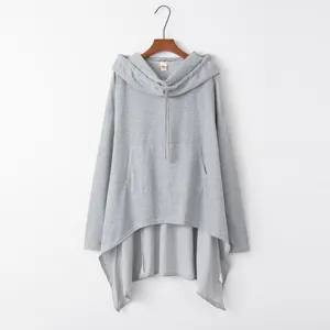Grey irregular hem hooded sweatshirt detail, long sleeve casual pullover with pocket.