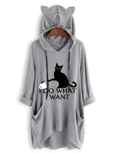 Cute cat ear hoodie detail featuring black cat graphic print and front pocket design style.