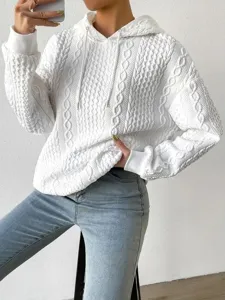 White cable knit hooded sweatshirt for women, casual long sleeve pullover with cord.
