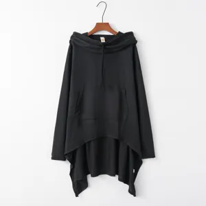 Black oversized long hooded sweatshirt for women, casual irregular hem pullover top.