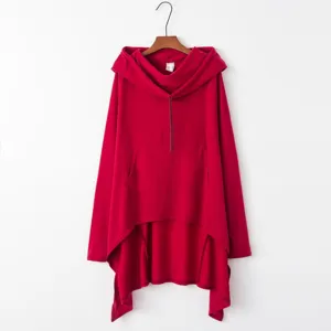 Solid color long sleeve hooded sweatshirt with irregular hem, casual winter pullover.