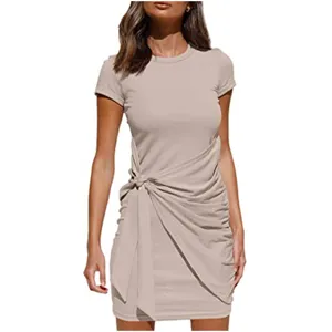 Women short sleeve round neck ruched irregular hem dress detail view with stylish waist bowknot.