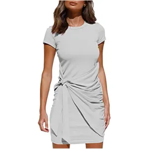 Grey short sleeve round neck dress detail showing side ruching and tie waist style.