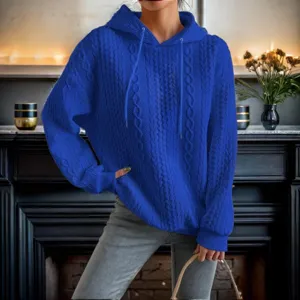 Women casual royal blue cable knit hooded sweatshirt with drawstring long sleeve top