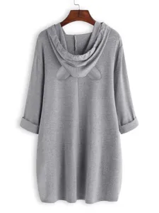 Grey knit hooded sweater detail, long sleeve oversized casual women clothing design.