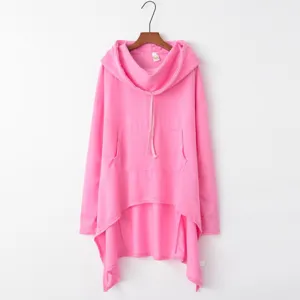 Pink long sleeve hoodie detail featuring a comfortable cowl hood and a front pocket.