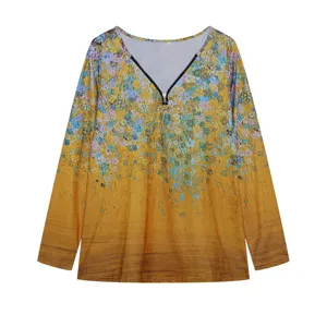 Floral V-neck zipper long sleeve top detail view showcasing print and collar design.