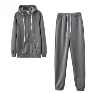 Grey zip hoodie and sweatpants set, comfortable casual two-piece athletic tracksuit outfit.