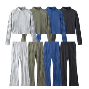 Ribbed long sleeve crop top and flare pants two-piece set, casual autumn outfit in multi colors.