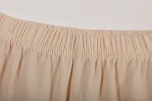 Katoen linnen broek elastische tailleband detailopname, comfortabele casual pasvorm.