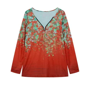 Womens casual long sleeve V-neck zipper floral printed blouse top garment detail view.