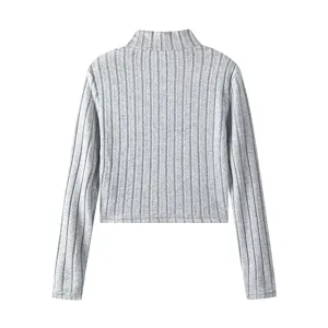 Grey ribbed knit long sleeve top back detail showcasing texture and mock neck design.