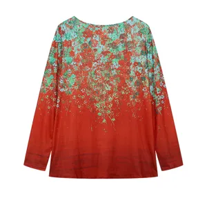 Women casual long sleeve floral printed gradient blouse top perfect for daily wear.