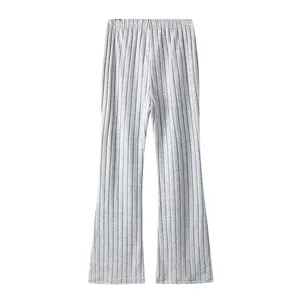 Grey ribbed flare trousers for women casual knitted long pants high waist stretch bottom