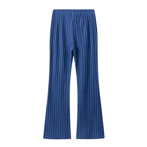 Blue ribbed knit pants detail view, casual elastic waist long trousers for women autumn daily.