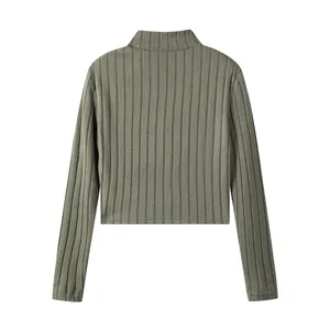 Army green ribbed knit long sleeve crop top, high neck slim fit casual pullover sweater.