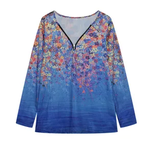 Floral V-neck zipper long sleeve top with stylish gradient blue print design details.
