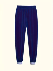 Pantaloni da tuta da donna blu scuro con vita elastica e polsini a righe per tempo libero.