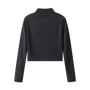 Black ribbed long sleeve crop top with mock neck, perfect for autumn casual daily wear.