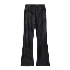 Detailed view of casual black ribbed knit flared trousers featuring comfortable elastic waist.