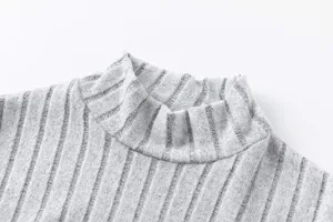 Grey ribbed mock neck knit top detail view autumn casual long sleeve sweater piece