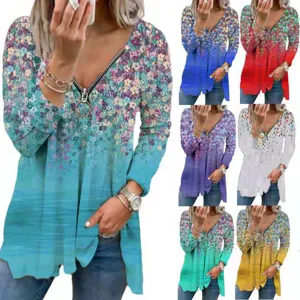 Women's Casual Floral Gradient V-Neck Long Sleeve Zipper Top Slim Fit Fashion Everyday Pullover T-Shirt