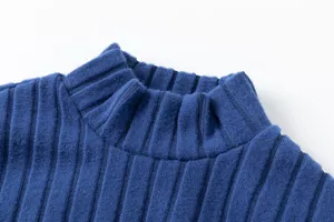 Blue ribbed mock neck sweater detail, soft knit fabric texture, casual daily autumn wear.