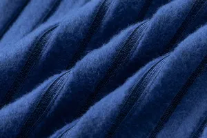 Detailed close-up of dark blue ribbed knit fabric texture for casual sweater set apparel